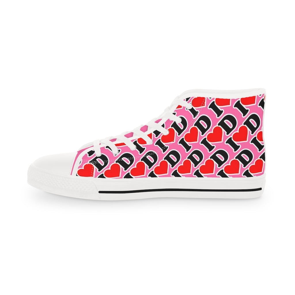 I Heart D all over print Men's High Top Sneakers PINK