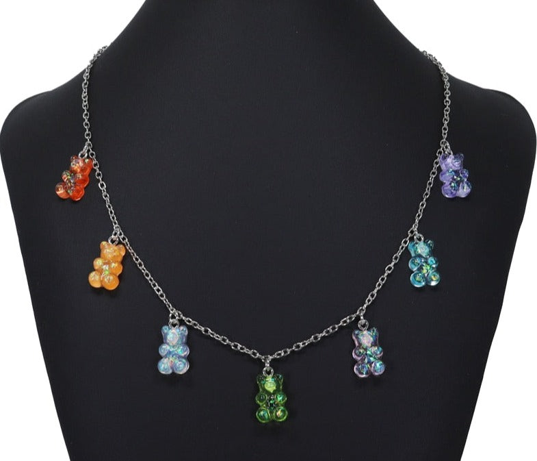 Rainbow Coloured Transparent Resin Gummy Bear Necklace