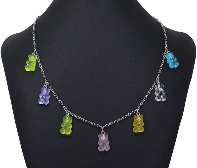 Rainbow Coloured Transparent Resin Gummy Bear Necklace