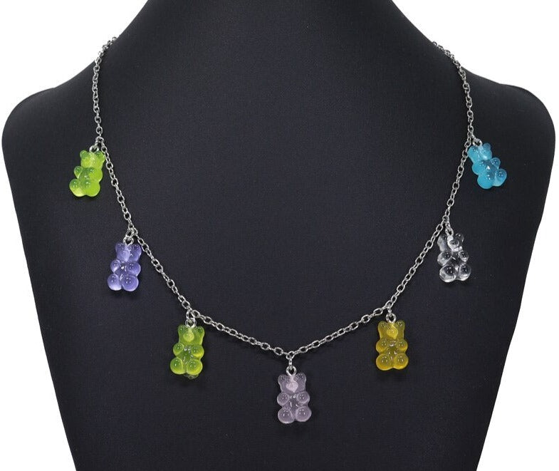 Rainbow Coloured Transparent Resin Gummy Bear Necklace