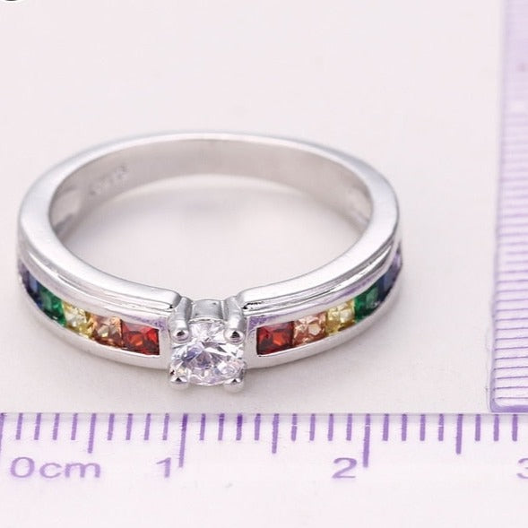 Rainbow Crystal Ring 925 Sterling Silver