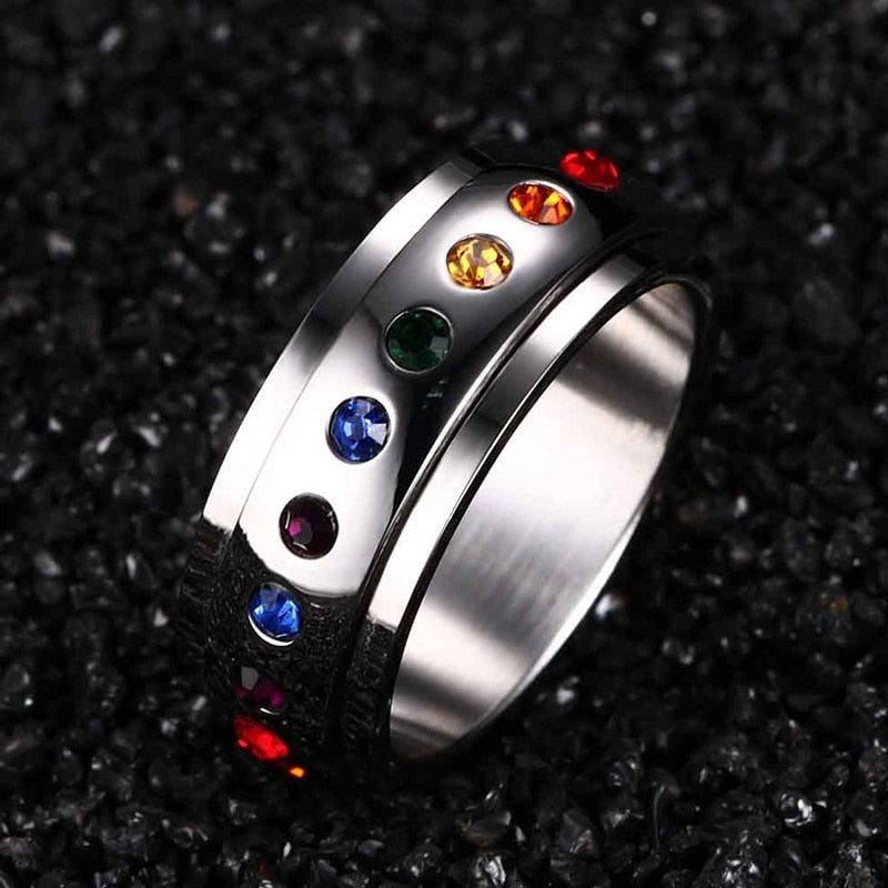 Rainbow Cubic Zirconia Rotating Spinner Ring Stainless Steel