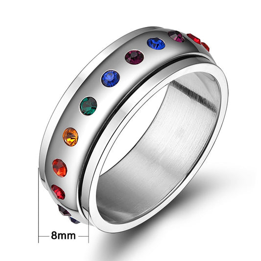 Rainbow Cubic Zirconia Rotating Spinner Ring Stainless Steel