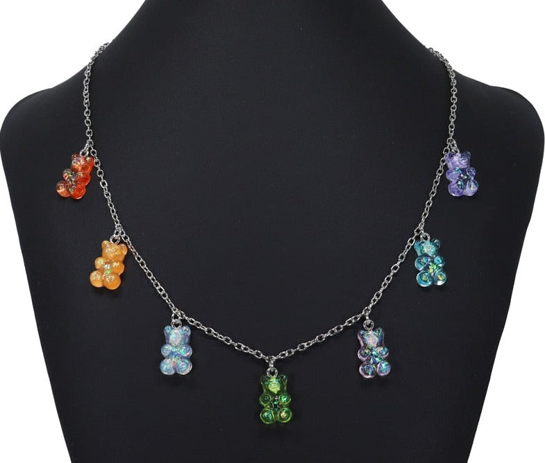 Rainbow Coloured Transparent Resin Gummy Bear Necklace