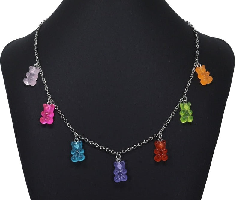 Rainbow Coloured Transparent Resin Gummy Bear Necklace