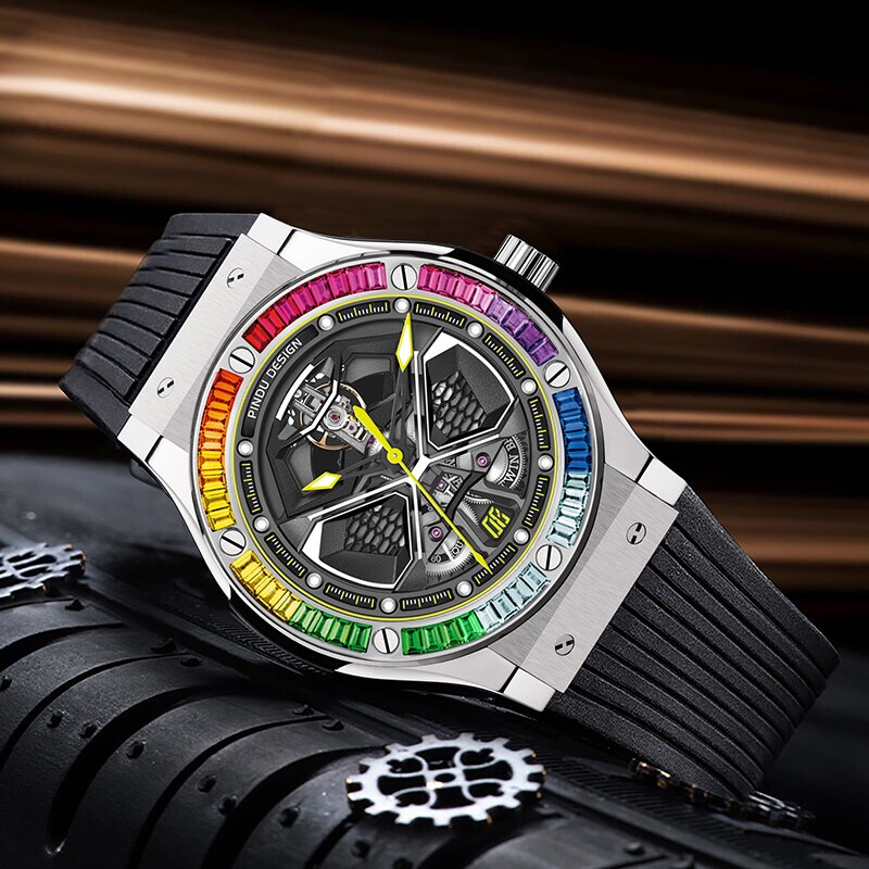 Rainbow Crystal Bezel Watch with Rubber Wrist Band