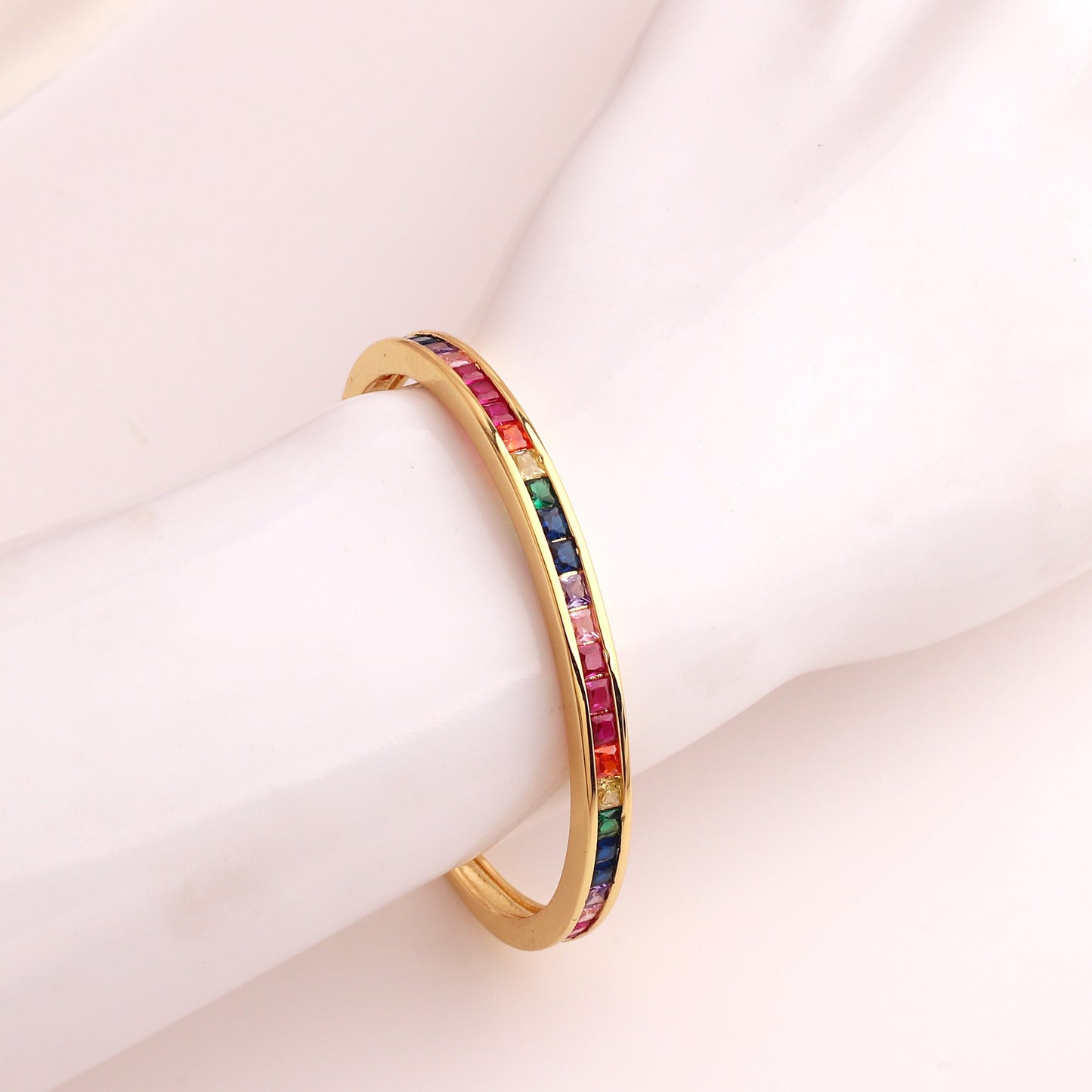 Rainbow Cubic Zirconia Micro Pave Square CZ Cuff Bangle Bracelet