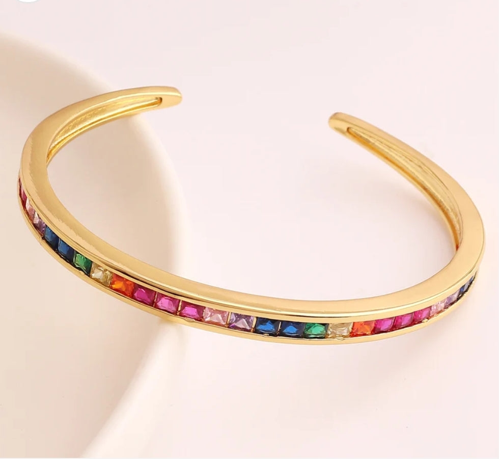 Rainbow Cubic Zirconia Micro Pave Square CZ Cuff Bangle Bracelet