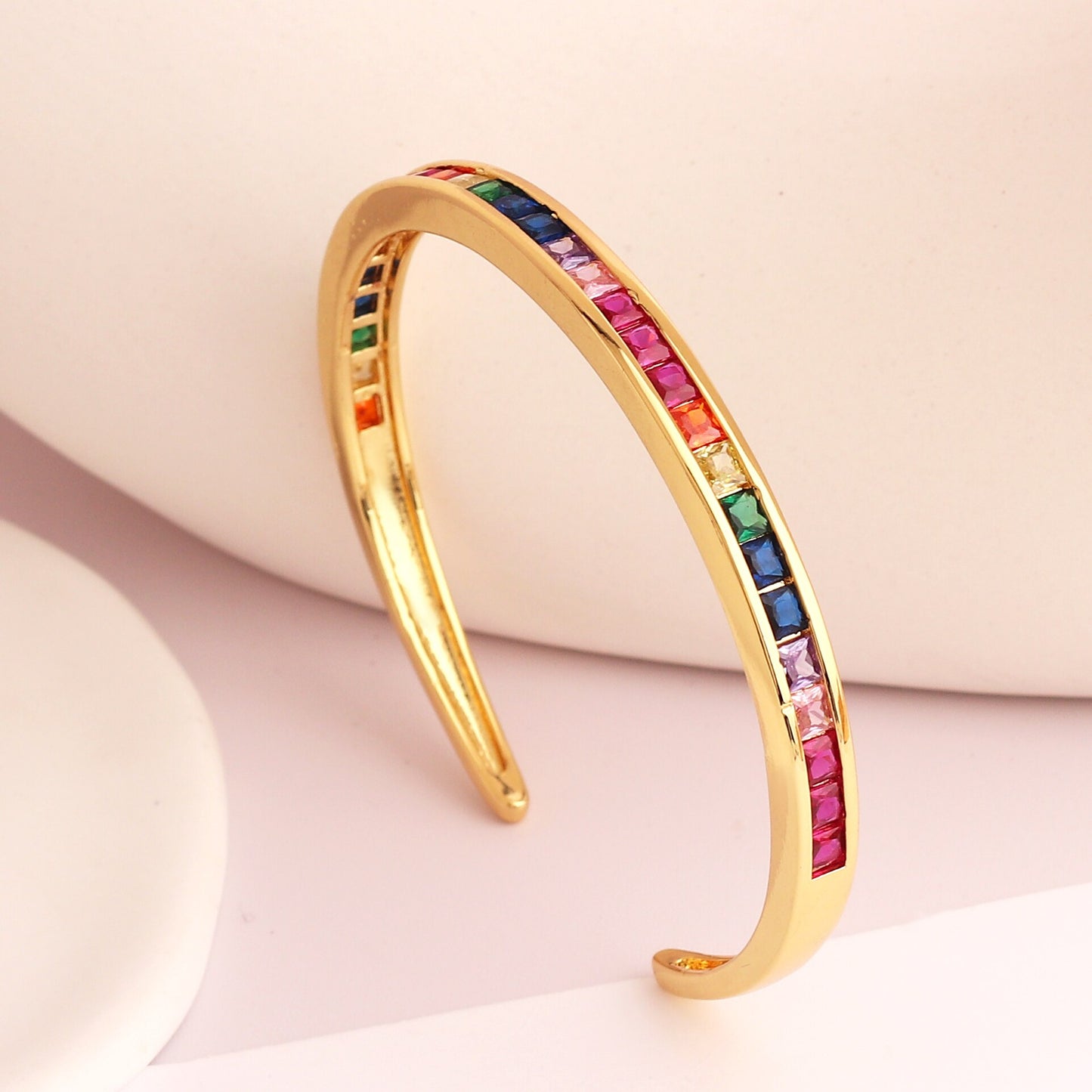 Rainbow Cubic Zirconia Micro Pave Square CZ Cuff Bangle Bracelet