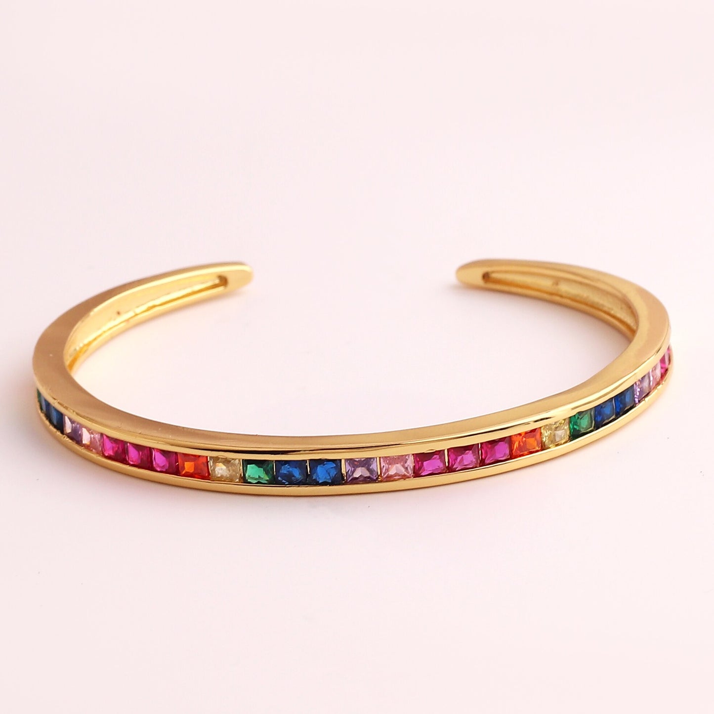 Rainbow Cubic Zirconia Micro Pave Square CZ Cuff Bangle Bracelet